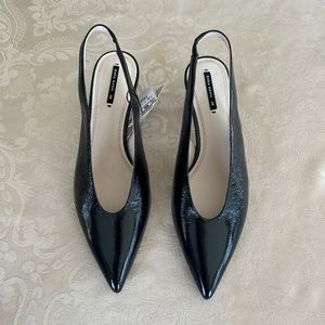 NWT Zara Leather Kitten Heel Slingback Pumps, Black, EU 39 / US 8
